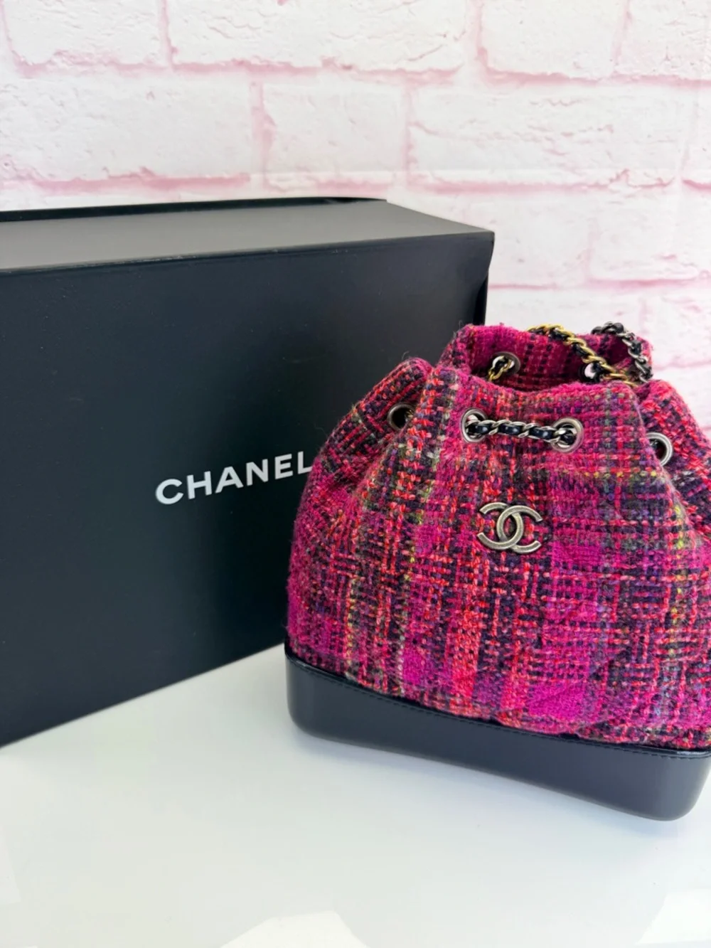 Chanel Tweed Calfskin Quilted Gabrielle Backpack Pink Multicolor